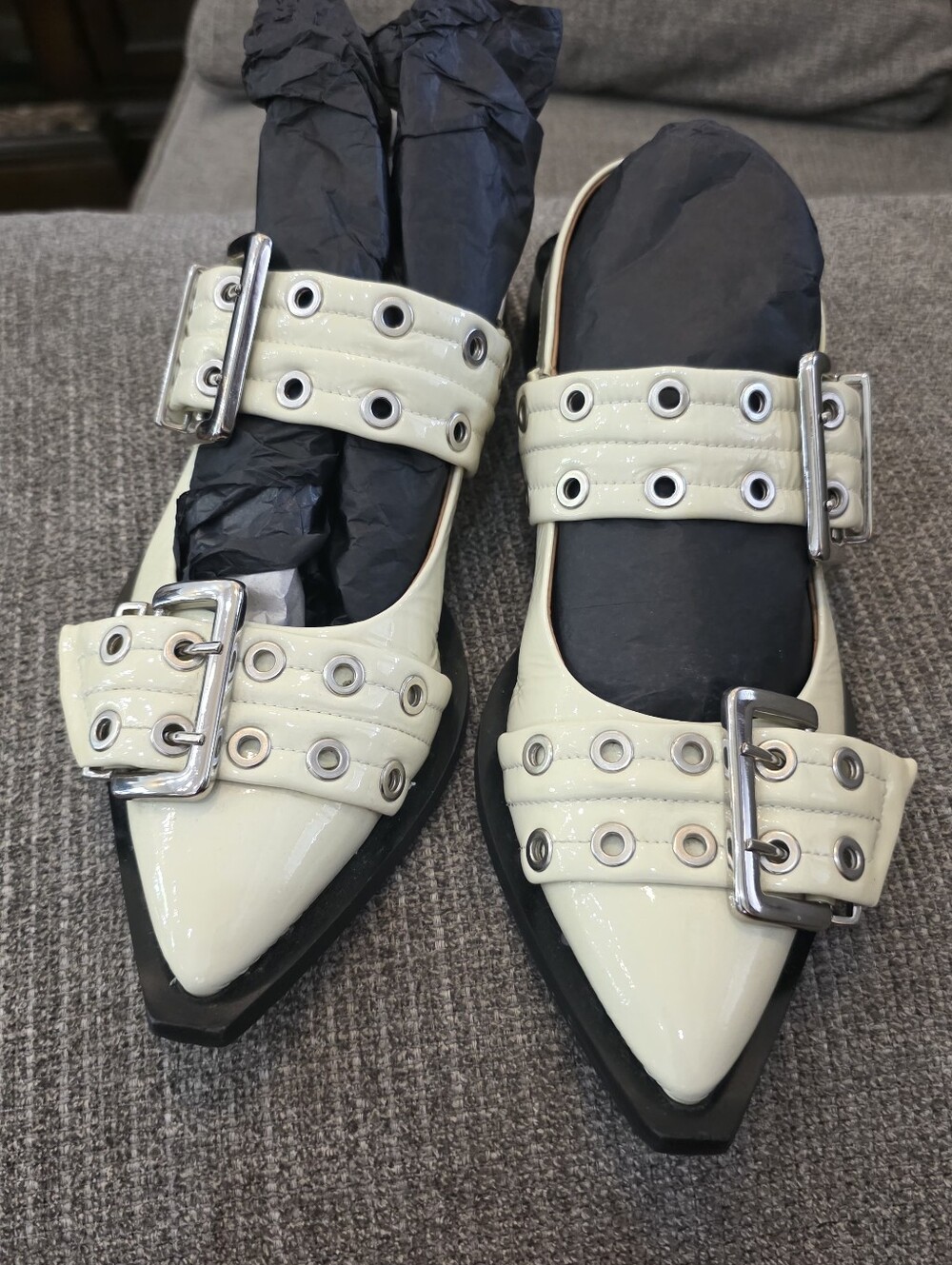 Ganni Cream Patent Pointed Buckle Loafers